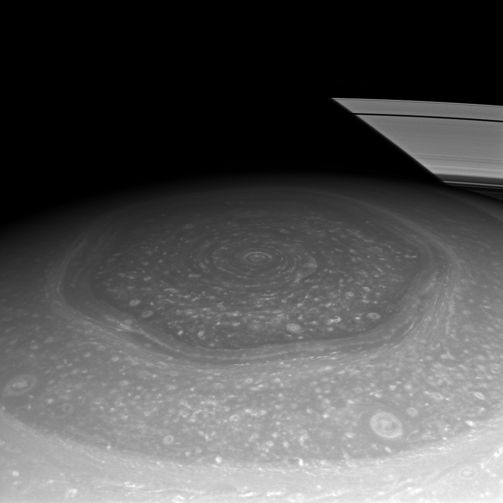 Hexagon-shaped storm at Saturn's north pole, photographed by Cassini